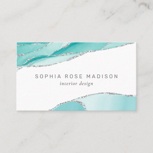 Carte De Visite Aquarelle moderne Turquoise et Silver Geode Agate (Devant)