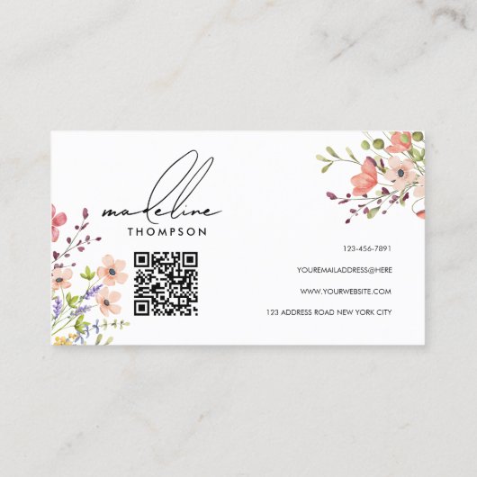 Carte De Visite Aquarelle moderne Wild Floral QR Code (Dos)