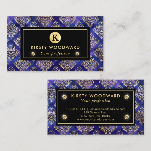 Carte De Visite Aquarelle Motif d'encre violet avec Damas d'or (Devant / Derrière)