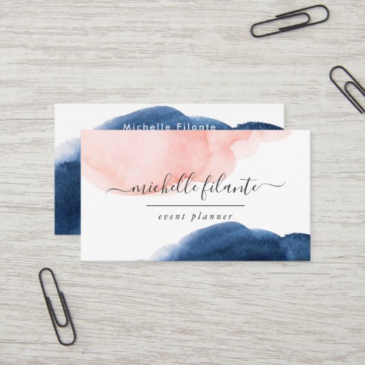 Carte de visite aquarelle Navy et Blush (Devant/Arrière en situation)