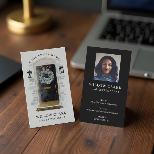 Carte De Visite Aquarelle noire devant porte Wreath Immobilier