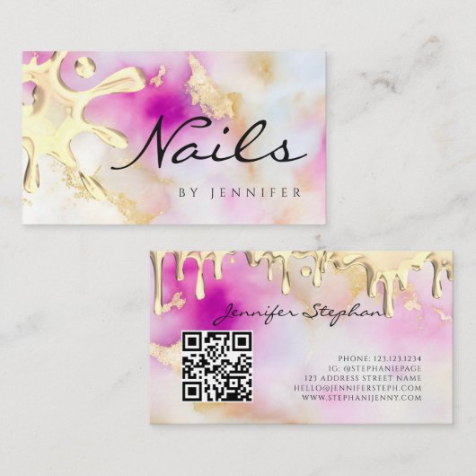 Carte De Visite Aquarelle or polonais Splash Drift Nails QR Code (Devant / Derrière)