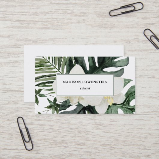 Carte De Visite Aquarelle Orchidées tropicales Monstera Vert  (Devant/Arrière en situation)