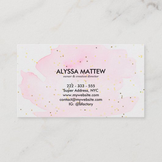 Carte De Visite Aquarelle Parties scintillant or rose Script perso (Dos)