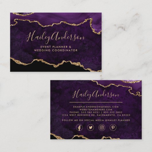 Carte De Visite Aquarelle Parties scintillant violet et or Agate d (Devant / Derrière)