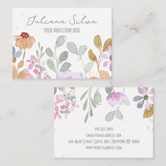 Carte De Visite Aquarelle Pastel Fleur rustique (Devant / Derrière)