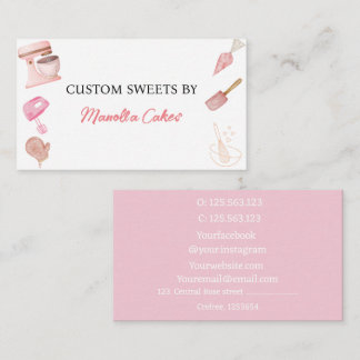 Carte De Visite Aquarelle pâtisserie rose cuisine ustensiles boula