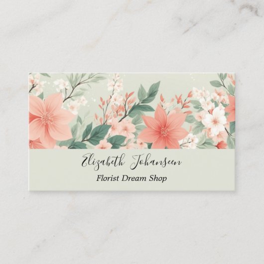 Carte De Visite Aquarelle Pêche Fuzz Fleurs vertes Nom du script (Devant)