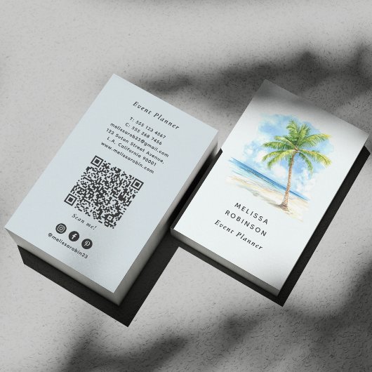 Carte De Visite Aquarelle Plage Palmier Tropical Bleu Code QR