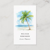 Carte De Visite Aquarelle Plage Palmier Tropical Bleu Code QR (Devant)