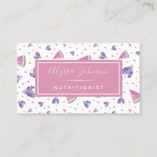 Carte De Visite Aquarelle Raisins de fruits et pastèque Diéticienn (Devant)