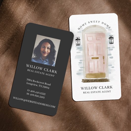 Carte De Visite Aquarelle rose Agent immobilier de porte avant