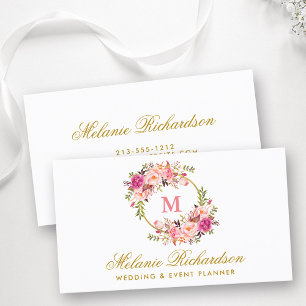 Carte De Visite Aquarelle rose Blush Floral Monogramme Or