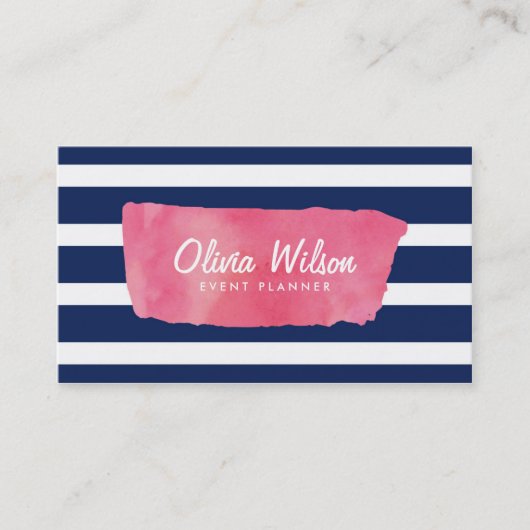 Carte De Visite Aquarelle rose chic et bandes bleues Médias sociau (Devant)