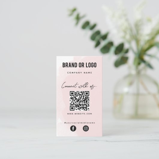 Carte De Visite Aquarelle rose Connectez-vous avec nous QR Code (Debout devant)