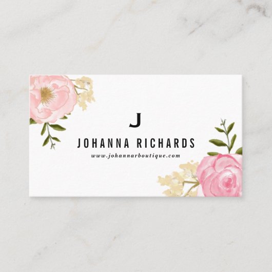 Carte De Visite Aquarelle rose doux pivoines Monogramme floral (Devant)