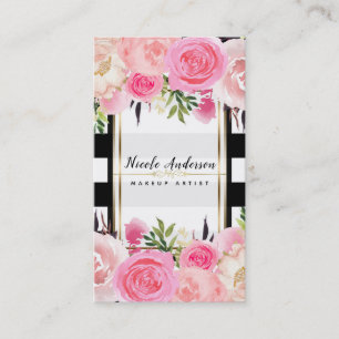 Carte De Visite Aquarelle rose Fleurs Noir Blancs Classy