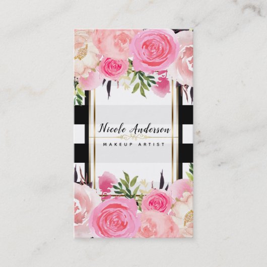 Carte De Visite Aquarelle rose Fleurs Noir Blancs Classy (Devant)