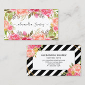Carte De Visite Aquarelle rose Floral Élégant Black Stripes Chic (Devant / Derrière)
