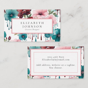 Carte De Visite Aquarelle rose floral, Fleurs Turquoises rouges