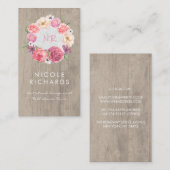Carte De Visite Aquarelle rose Floral Wreath Bois rustique et dent (Devant / Derrière)
