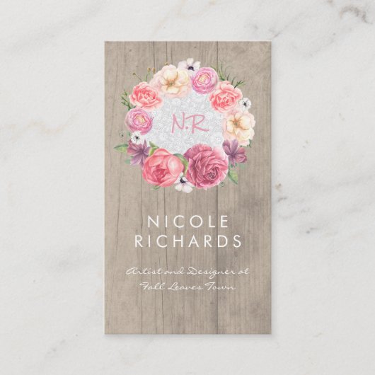 Carte De Visite Aquarelle rose Floral Wreath Bois rustique et dent (Devant)