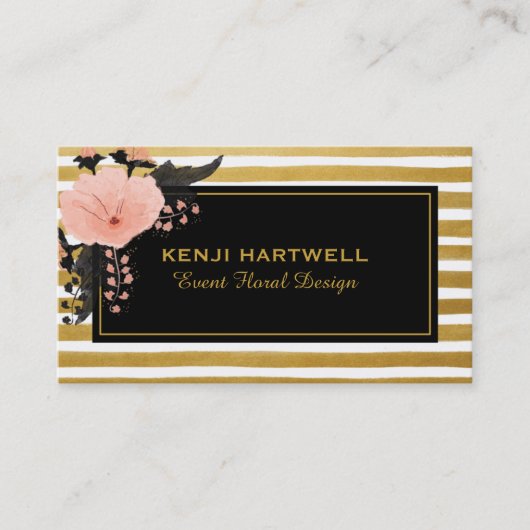 Carte De Visite Aquarelle Rose Flower & Gold Strips Professionnel (Devant)