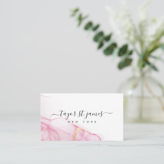 Carte De Visite Aquarelle rose or Calligraphie Peinture Splatter (Debout devant)