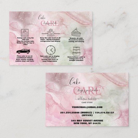Carte De Visite Aquarelle rose or moderne Cake Care Business Ca (Devant / Derrière)