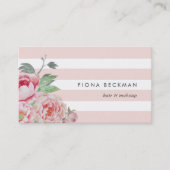 Carte De Visite Aquarelle rose Peony et Bande Bleue (Devant)