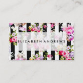 Carte De Visite Aquarelle rose rose noir blanc rayures (Devant)