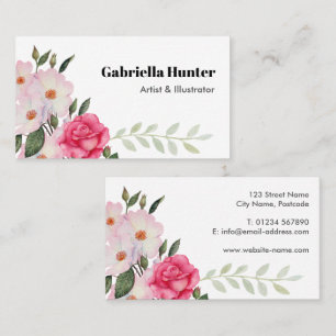 Carte De Visite Aquarelle rose Roses blanches Ballerina Floral Feu