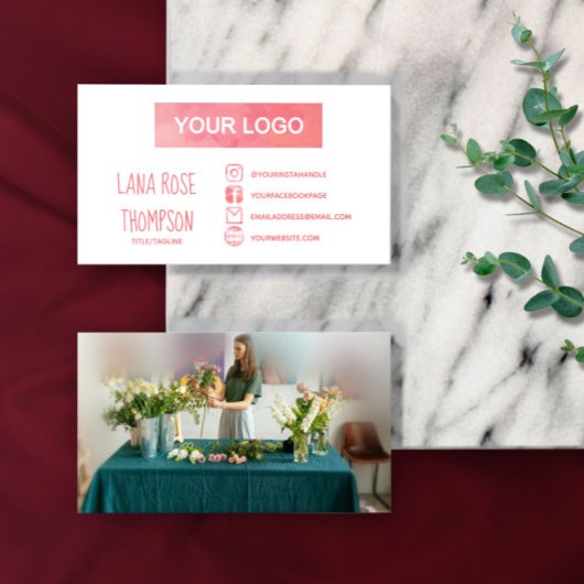 Carte De Visite Aquarelle rose Social Media Logo & Photo