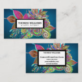 Carte De Visite Aquarelle rouge bleu floral motif (Devant / Derrière)