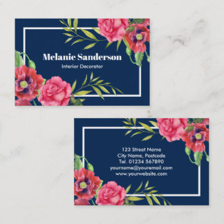 Carte De Visite Aquarelle Rouge et rose Fleurs sur bleu marine fon