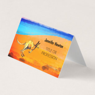 Carte De Visite Aquarelle rouge kangourou avec sable orange et mer