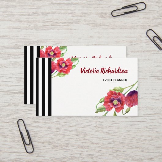 Carte De Visite Aquarelle rouge pavois à fleurs (Devant/Arrière en situation)