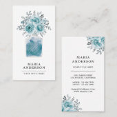 Carte De Visite Aquarelle Rustique Vert de la mer Floral Bouteille (Devant / Derrière)