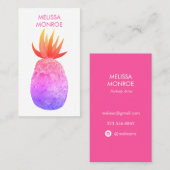 Carte De Visite Aquarelle Tropical Ananas rose violet brillant (Devant / Derrière)