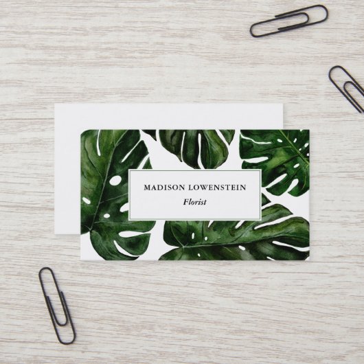 Carte De Visite Aquarelle Tropical Monstera Feuille Botanique (Devant/Arrière en situation)
