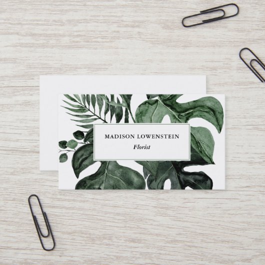 Carte De Visite Aquarelle Tropical Monstera Verdure Feuille  (Devant/Arrière en situation)