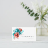 Carte De Visite Aquarelle turquoise et corail Floral (Debout devant)