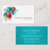 Carte De Visite Aquarelle turquoise et corail Floral (Devant / Derrière)