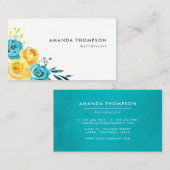 Carte De Visite Aquarelle turquoise et jaune Florale (Devant / Derrière)