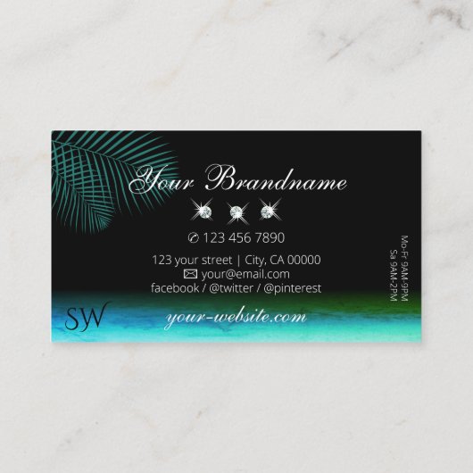 Carte De Visite Aquarelle Turquoise moderne Palm Feuille Bijoux Mo (Dos)