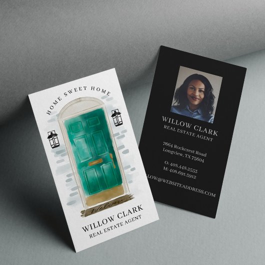 Carte De Visite Aquarelle vert jade porte entrée agent immobilier