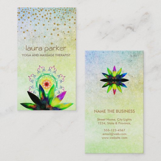 Carte De Visite Aquarelle Vert Lotus Logo Fleur Yoga Guérison (Devant / Derrière)