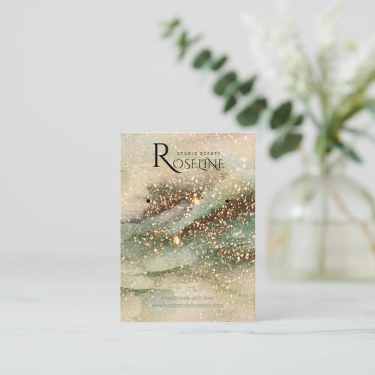 Carte De Visite Aquarelle vert or parties scintillant bijoux Affic (Debout devant)