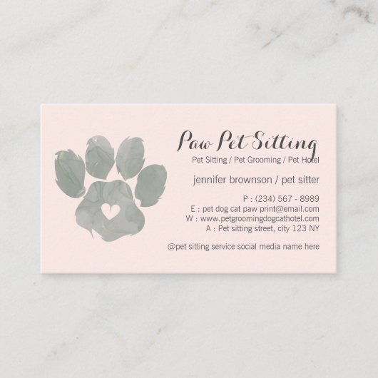 Carte De Visite Aquarelle VERT rose Pet Sitter Grossissant Paw (Devant)