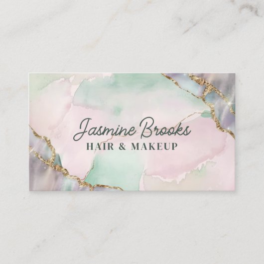 Carte De Visite Aquarelle verte à la menthe rose et or (Devant)